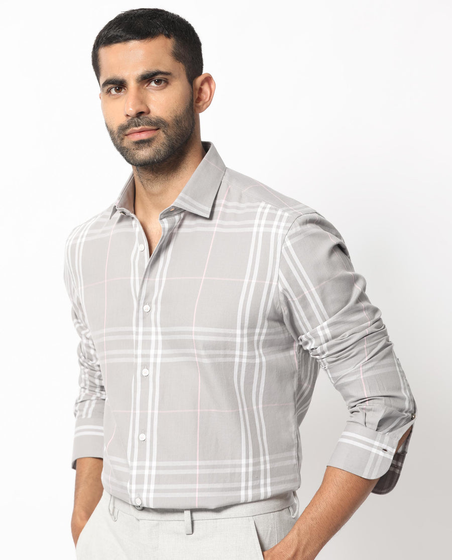 Rare Rabbit Men's Garet Grey Cotton Checked Print Regular Fit Full Sleeve Collared Shirt