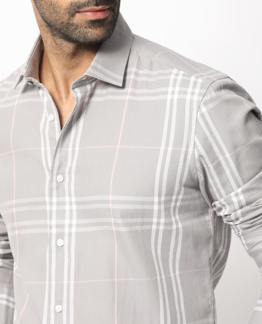 Rare Rabbit Men's Garet Grey Cotton Checked Print Regular Fit Full Sleeve Collared Shirt