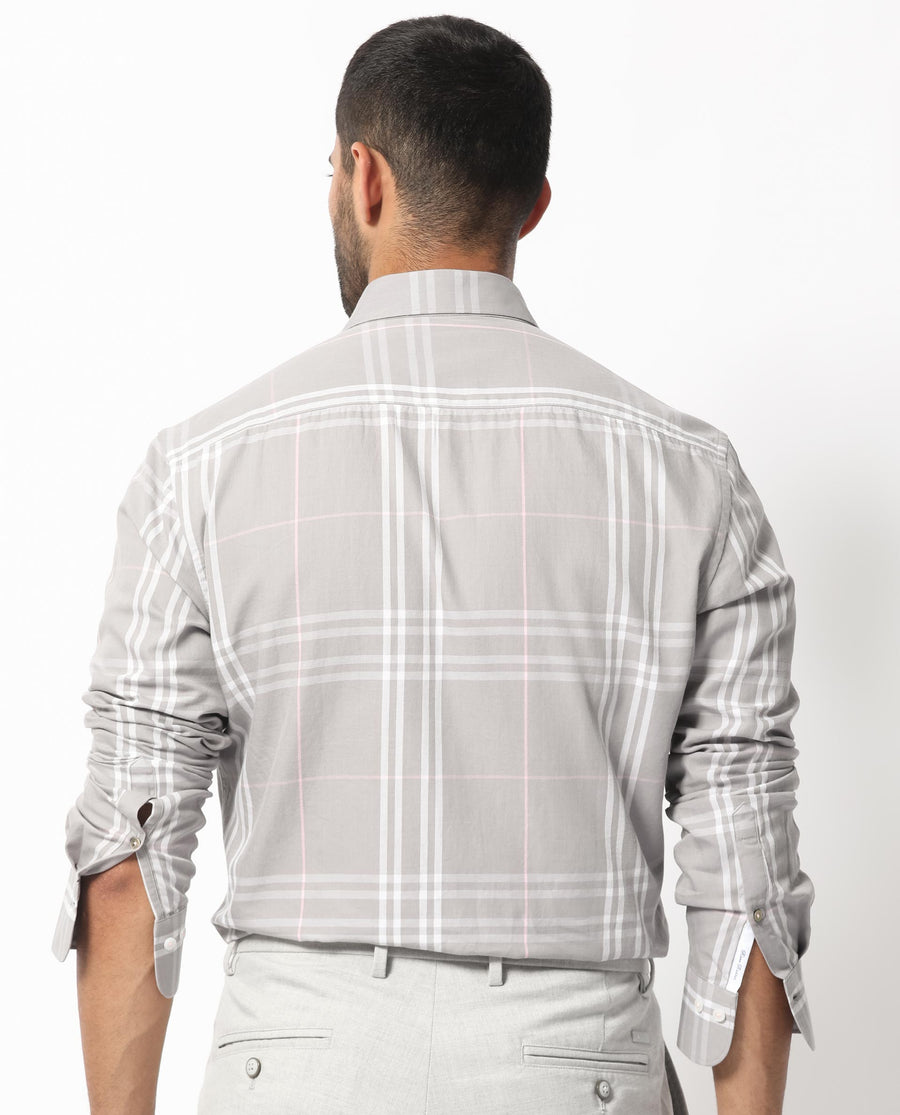 Rare Rabbit Men's Garet Grey Cotton Checked Print Regular Fit Full Sleeve Collared Shirt