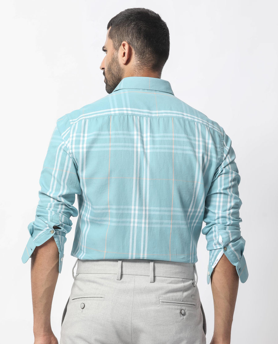 Rare Rabbit Men's Garet Turq Cotton Checked Print Regular Fit Full Sleeve Collared Shirt