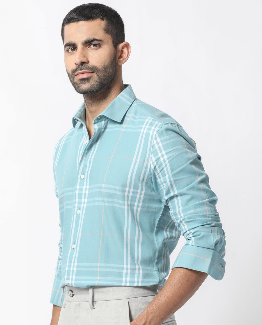 Rare Rabbit Men's Garet Turq Cotton Checked Print Regular Fit Full Sleeve Collared Shirt