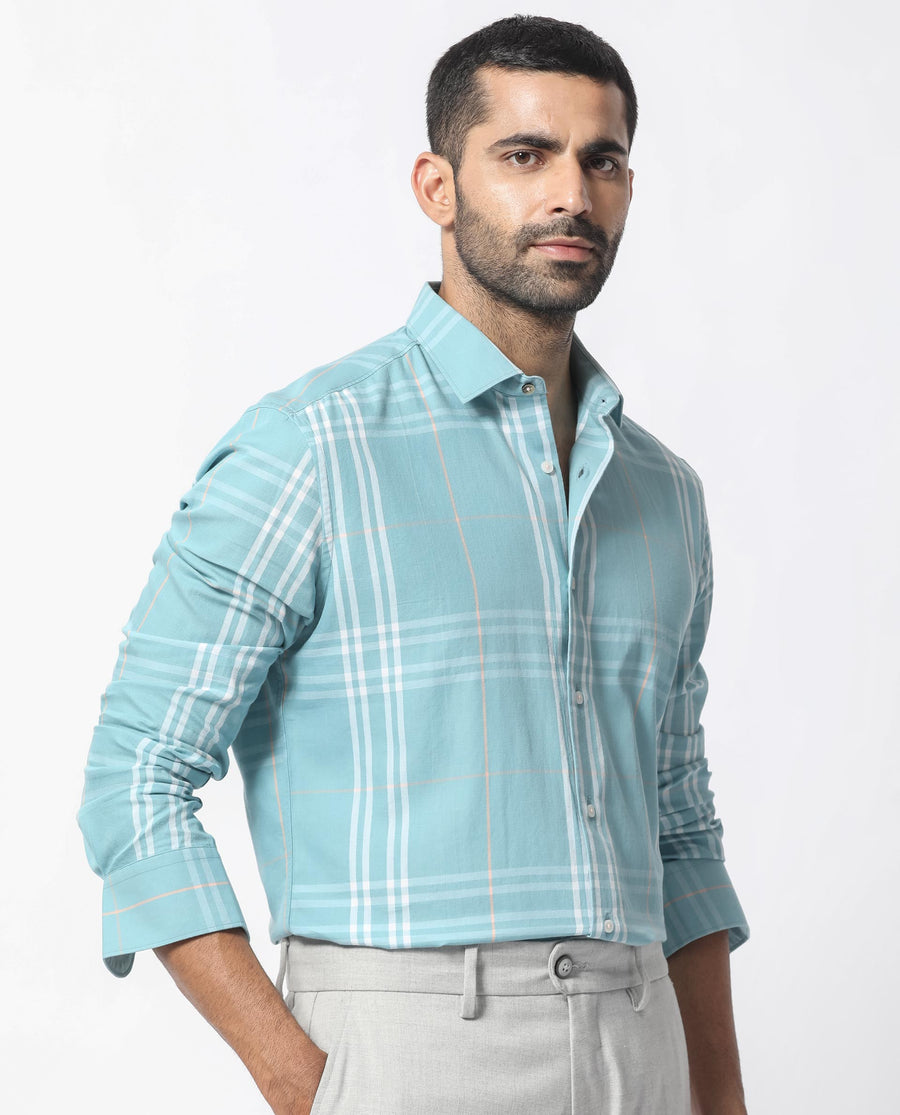 Rare Rabbit Men's Garet Turq Cotton Checked Print Regular Fit Full Sleeve Collared Shirt