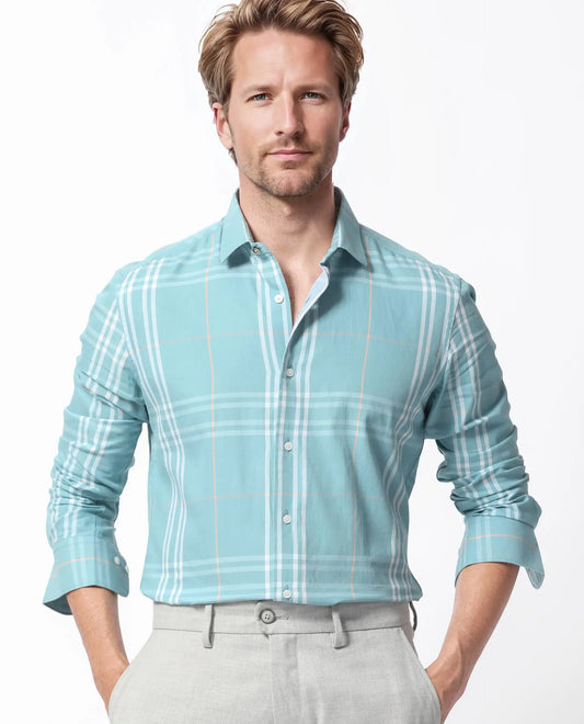 Rare Rabbit Men's Garet Turq Cotton Checked Print Regular Fit Full Sleeve Collared Shirt