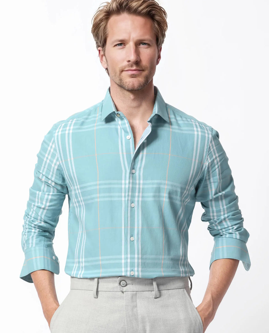 Rare Rabbit Men's Garet Turq Cotton Checked Print Regular Fit Full Sleeve Collared Shirt