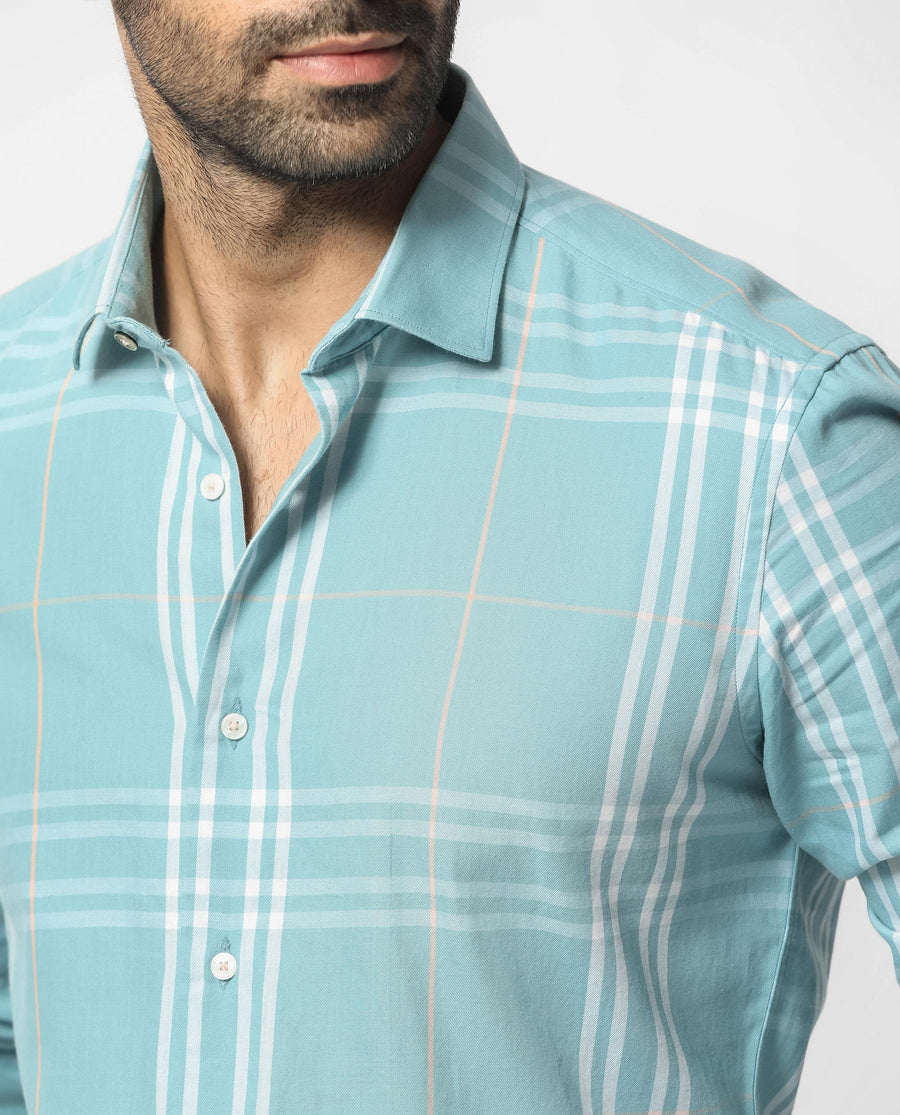 Rare Rabbit Men's Garet Turq Cotton Checked Print Regular Fit Full Sleeve Collared Shirt