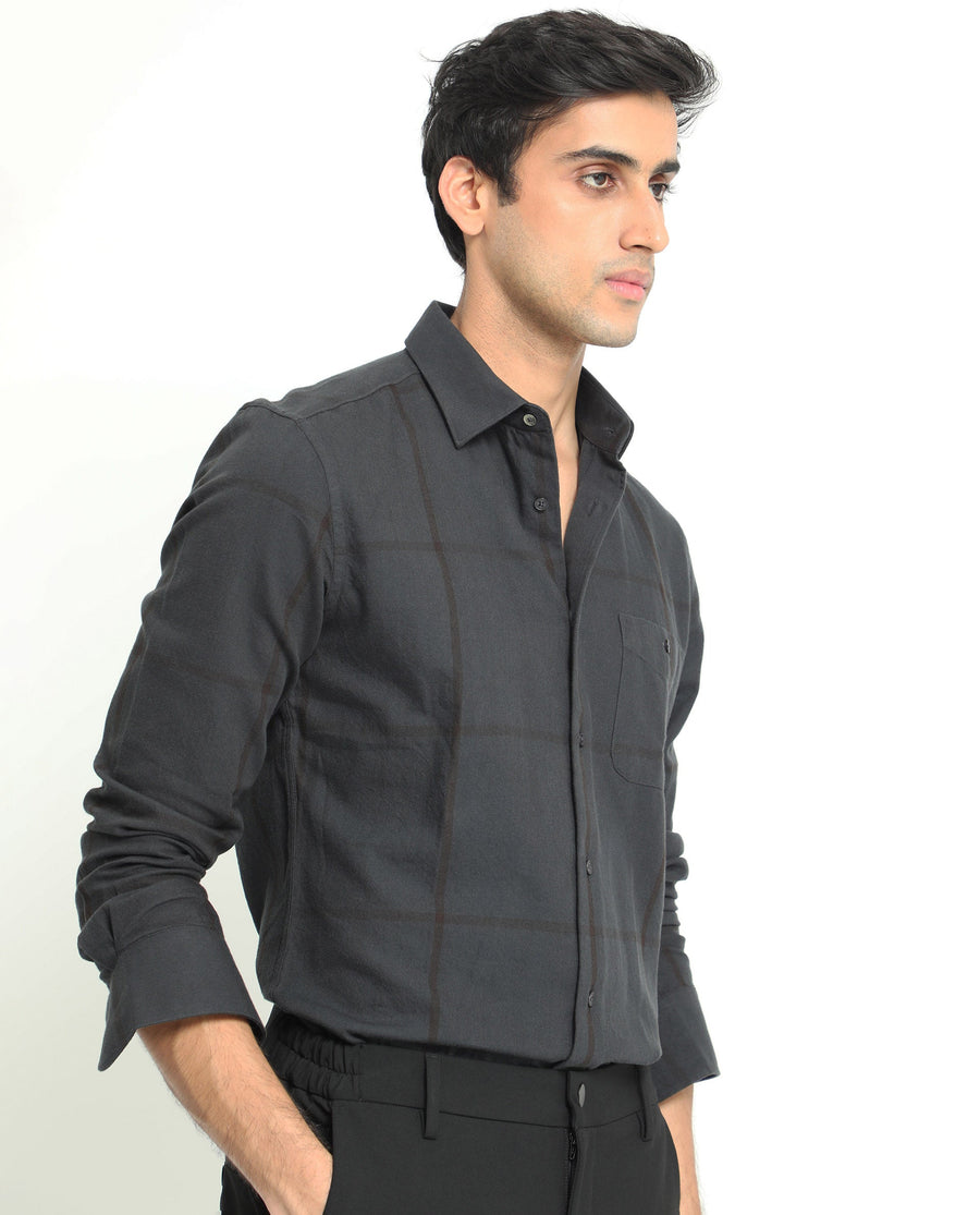 Rare Rabbit Men's Garteh Petrol Cotton Checked Print Regular Fit Full Sleeve Collared Shirt