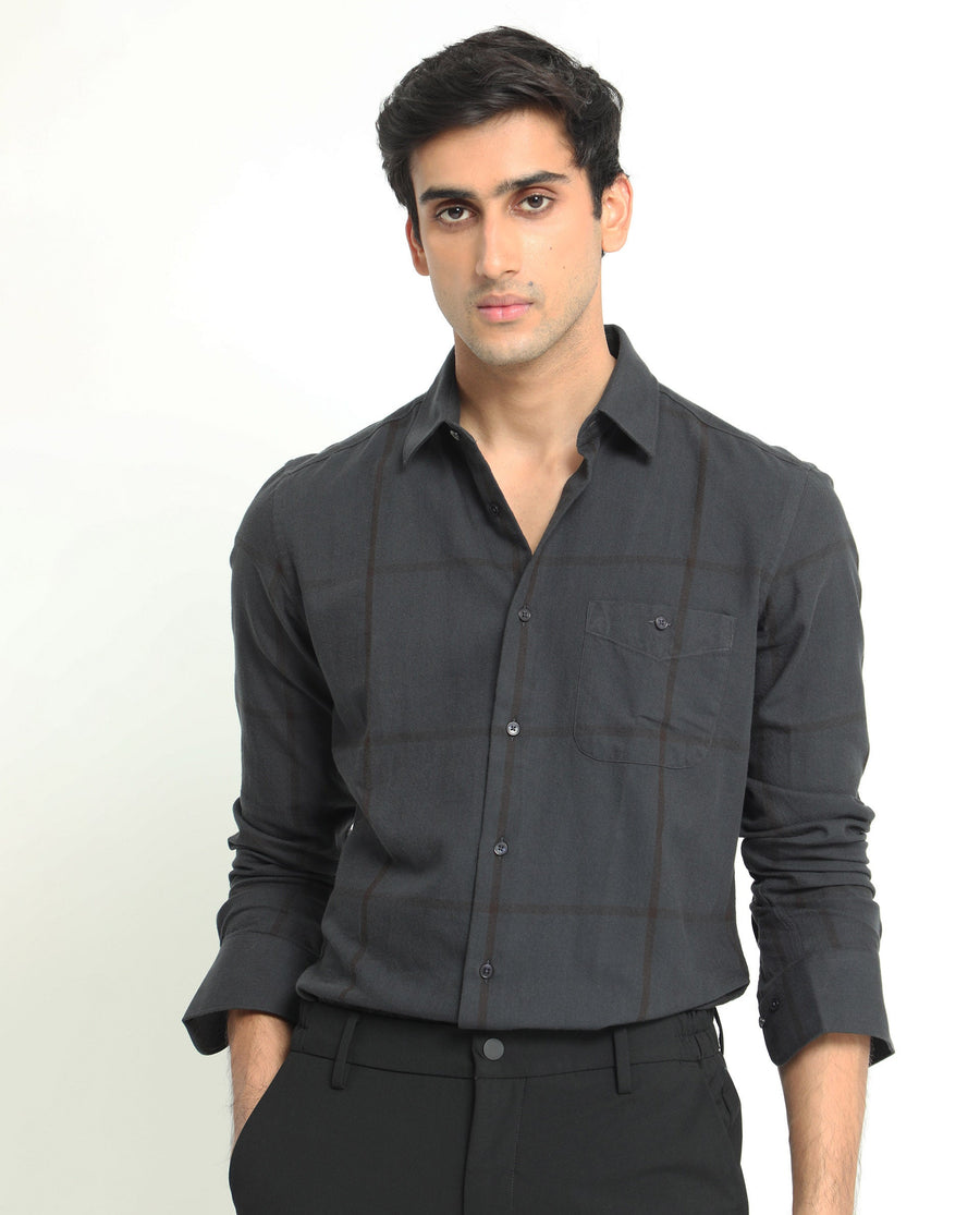 Rare Rabbit Men's Garteh Petrol Cotton Checked Print Regular Fit Full Sleeve Collared Shirt