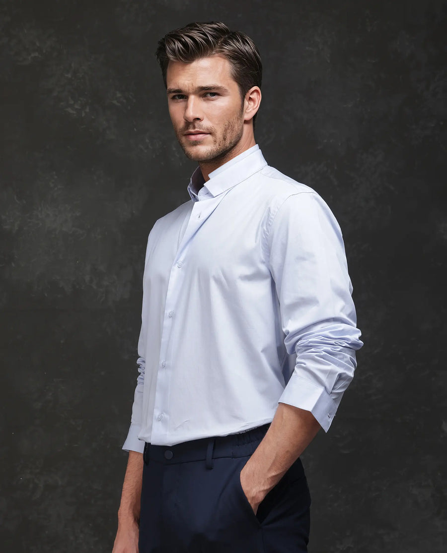 Rare Rabbit Men's Garry Light Blue Cotton Plain Relaxed Fit Full Sleeve Mandarin Collar Shirt