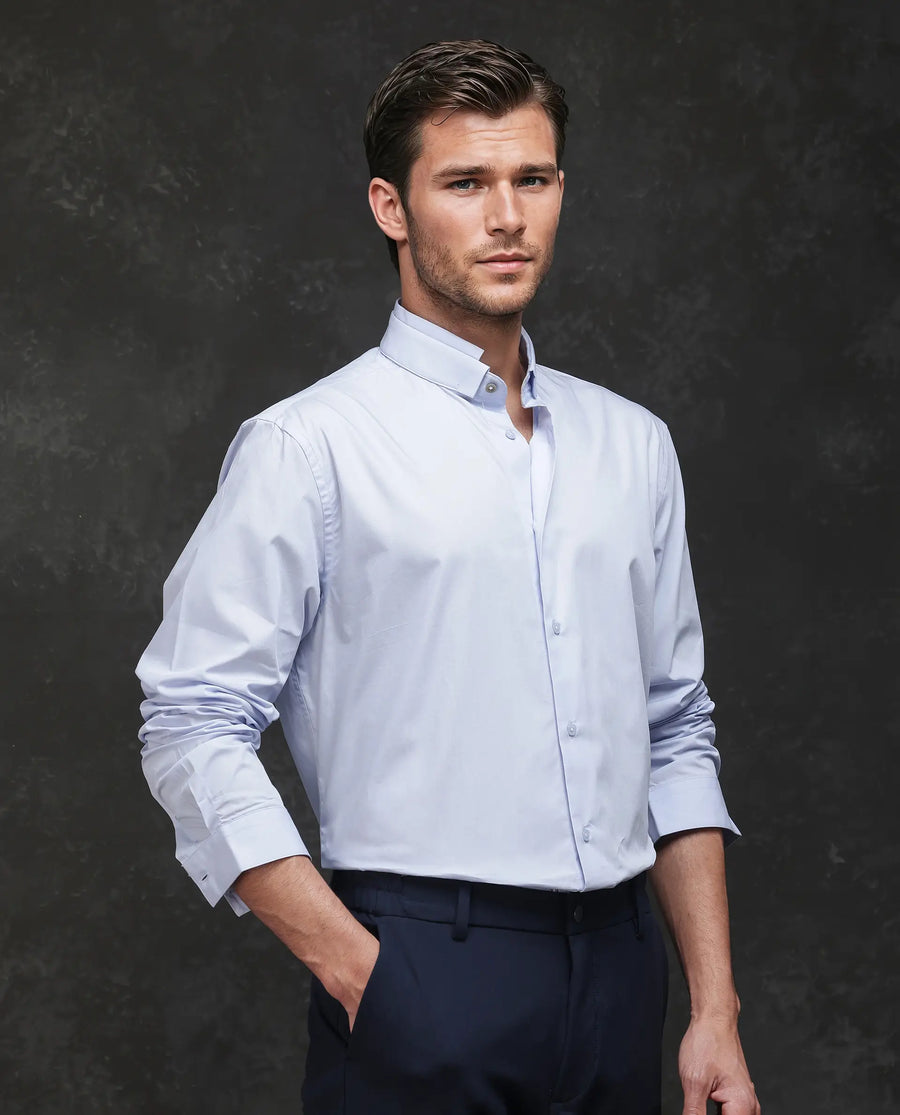Rare Rabbit Men's Garry Light Blue Cotton Plain Relaxed Fit Full Sleeve Mandarin Collar Shirt