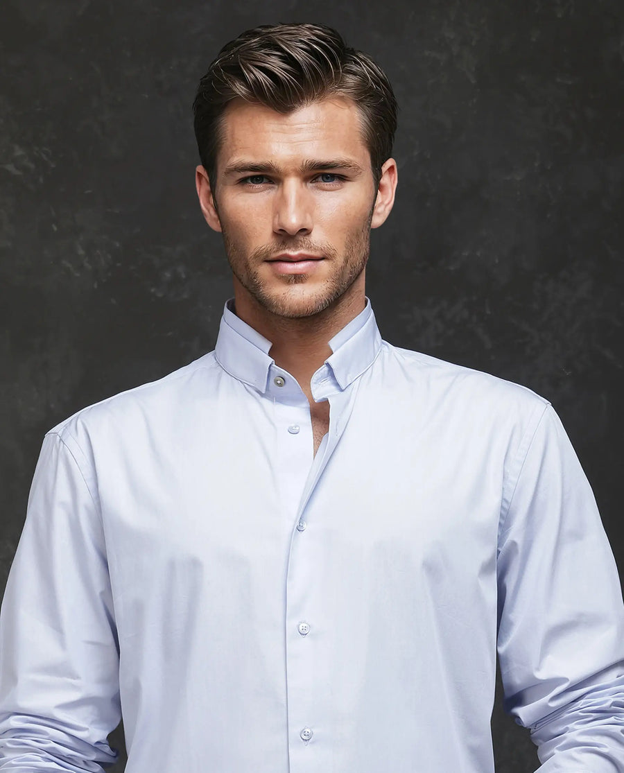 Rare Rabbit Men's Garry Light Blue Cotton Plain Relaxed Fit Full Sleeve Mandarin Collar Shirt