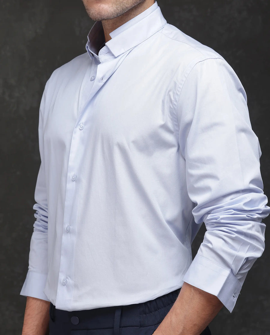 Rare Rabbit Men's Garry Light Blue Cotton Plain Relaxed Fit Full Sleeve Mandarin Collar Shirt