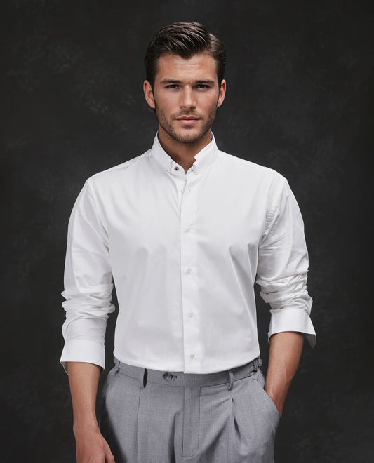 Rare Rabbit Men's Garry White Cotton Plain Relaxed Fit Full Sleeve Mandarin Collar Shirt