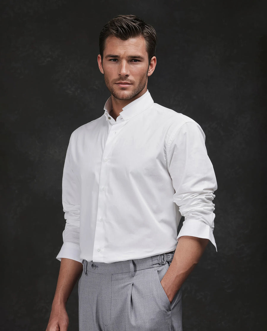 Rare Rabbit Men's Garry White Cotton Plain Relaxed Fit Full Sleeve Mandarin Collar Shirt