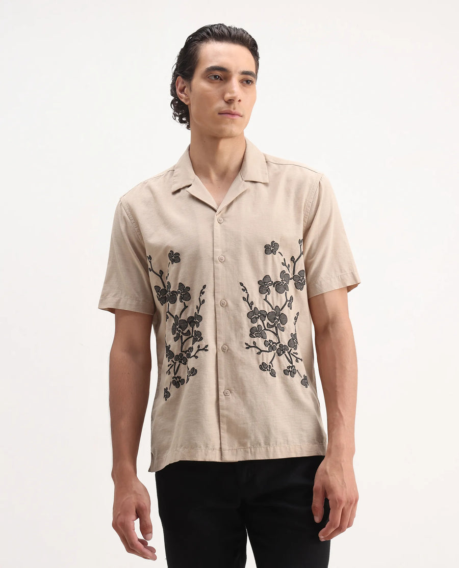 Rare Rabbit Men's Gary Beige Linen Blend Embroidered Boxy Fit Half Sleeve Cuban Collar Shirt