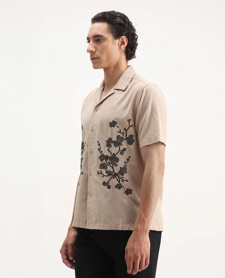 Rare Rabbit Men's Gary Beige Linen Blend Embroidered Boxy Fit Half Sleeve Cuban Collar Shirt