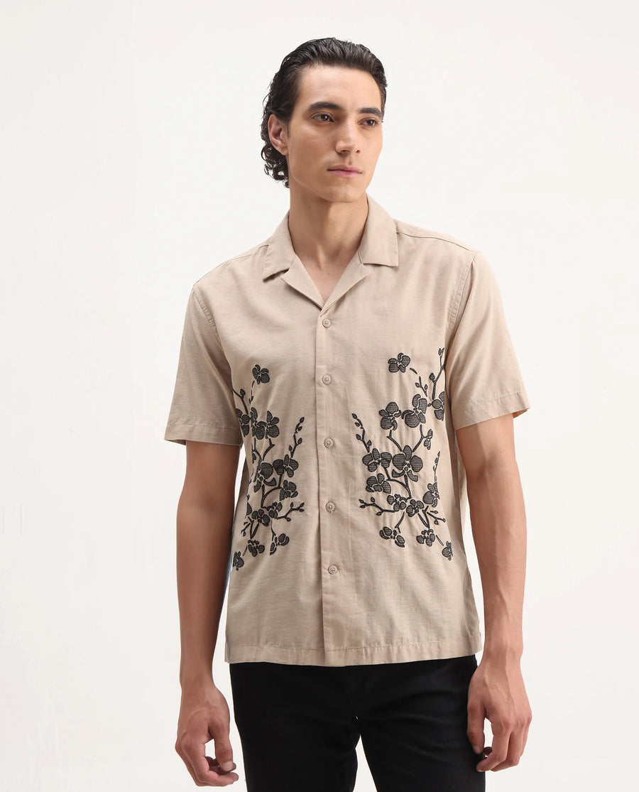 Rare Rabbit Men's Gary Beige Linen Blend Embroidered Boxy Fit Half Sleeve Cuban Collar Shirt