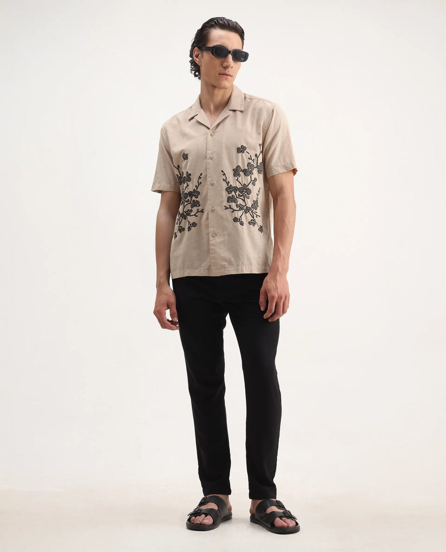 Rare Rabbit Men's Gary Beige Linen Blend Embroidered Boxy Fit Half Sleeve Cuban Collar Shirt