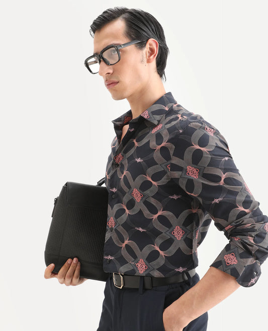 Rare Rabbit Men's Gash Black Viscose Fabric Full Sleeve Spread Collar Regular Fit Geometric Print Shirt