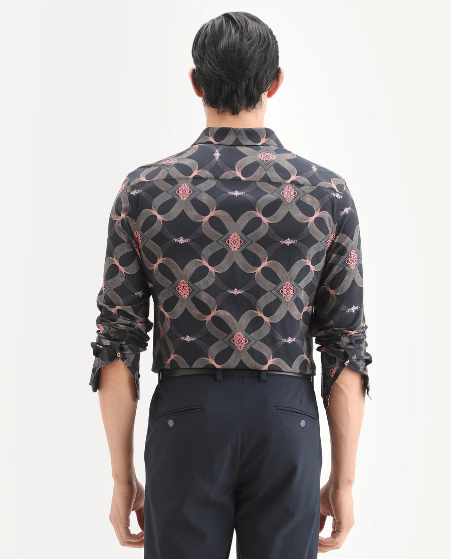 Rare Rabbit Men's Gash Black Viscose Fabric Full Sleeve Spread Collar Regular Fit Geometric Print Shirt