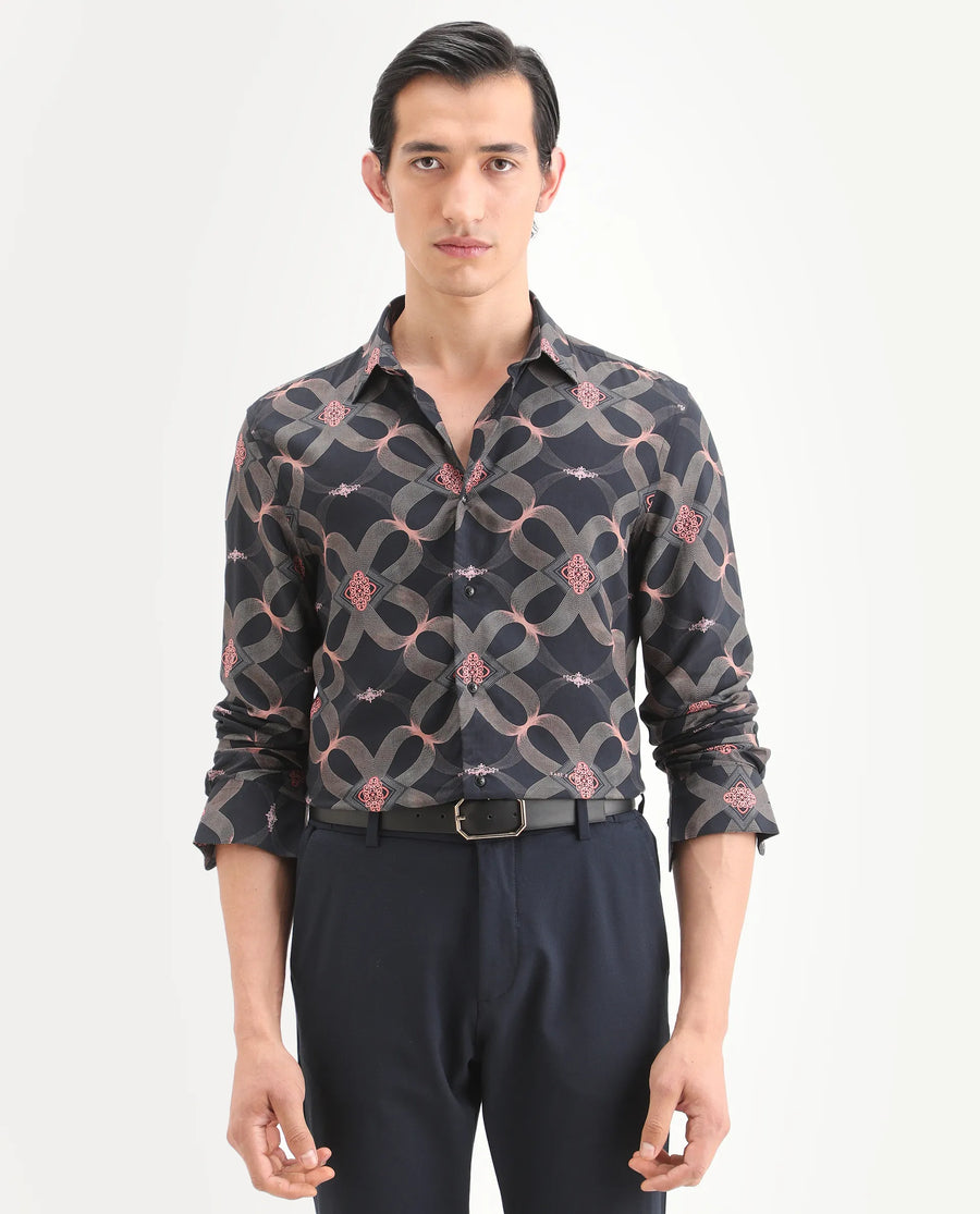 Rare Rabbit Men's Gash Black Viscose Fabric Full Sleeve Spread Collar Regular Fit Geometric Print Shirt