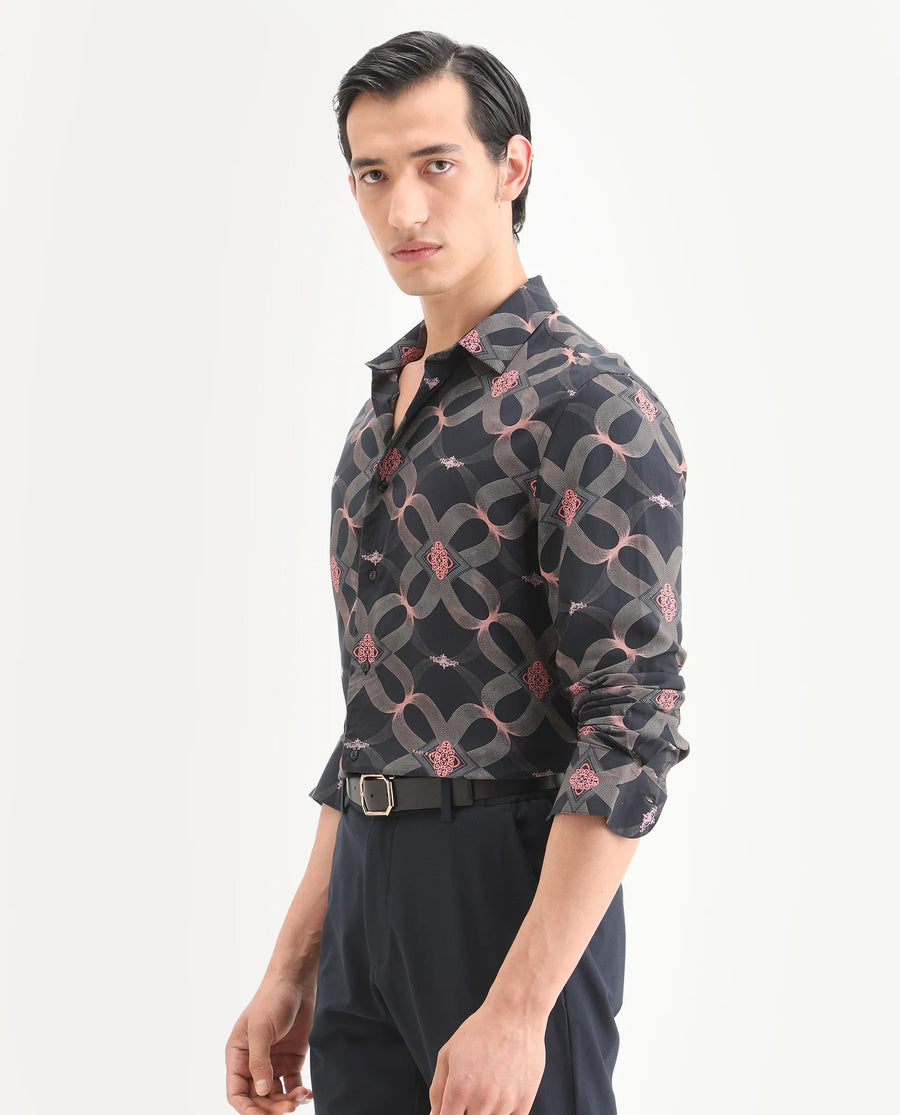 Rare Rabbit Men's Gash Black Viscose Fabric Full Sleeve Spread Collar Regular Fit Geometric Print Shirt