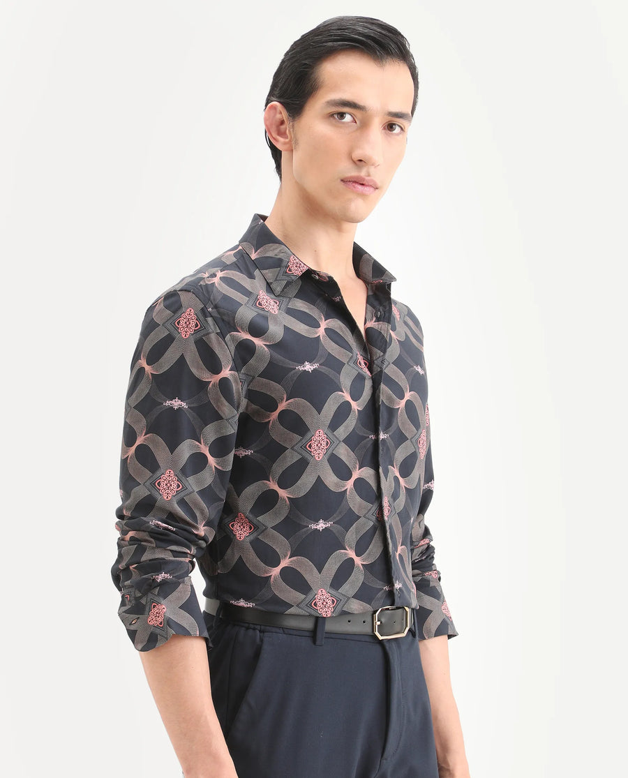Rare Rabbit Men's Gash Black Viscose Fabric Full Sleeve Spread Collar Regular Fit Geometric Print Shirt
