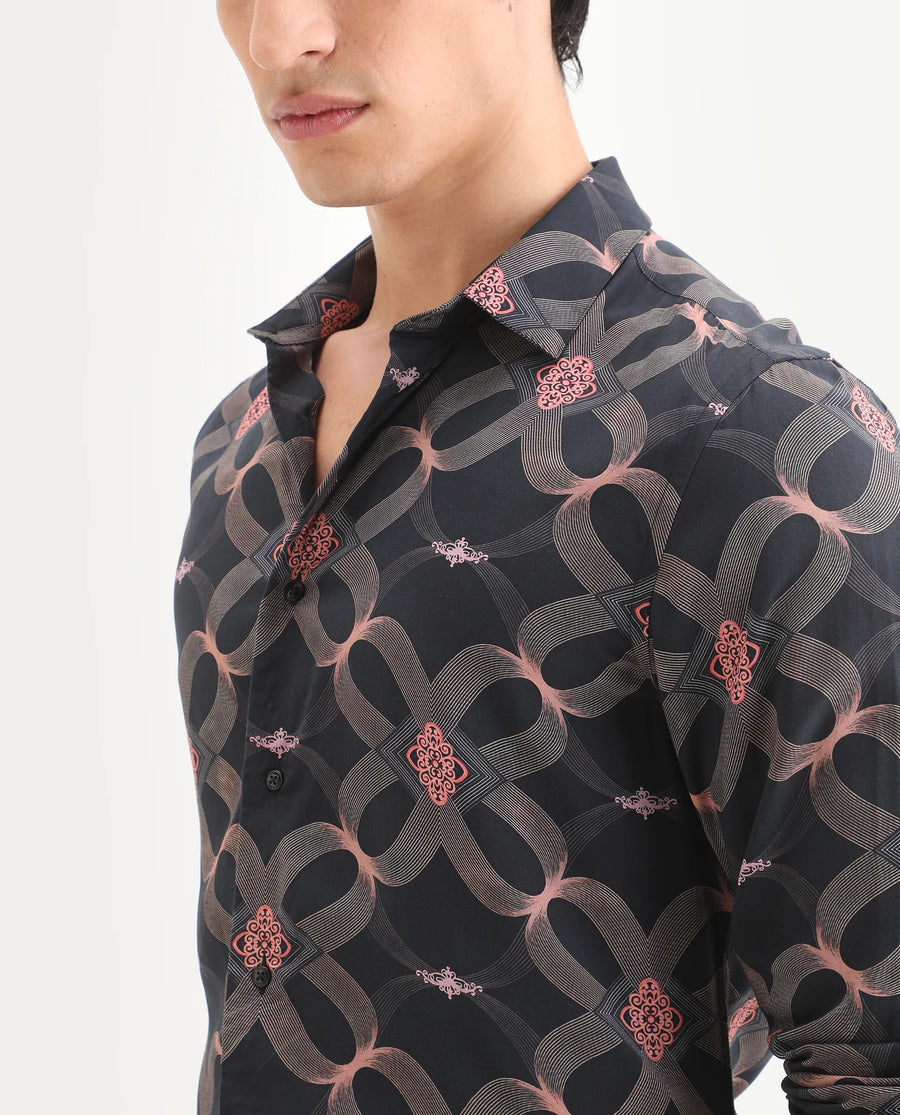Rare Rabbit Men's Gash Black Viscose Fabric Full Sleeve Spread Collar Regular Fit Geometric Print Shirt