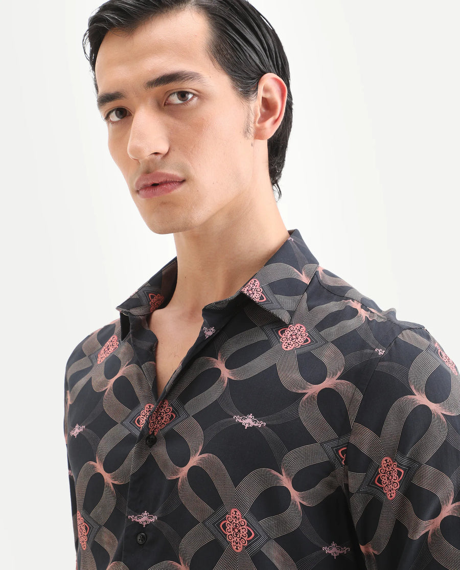 Rare Rabbit Men's Gash Black Viscose Fabric Full Sleeve Spread Collar Regular Fit Geometric Print Shirt
