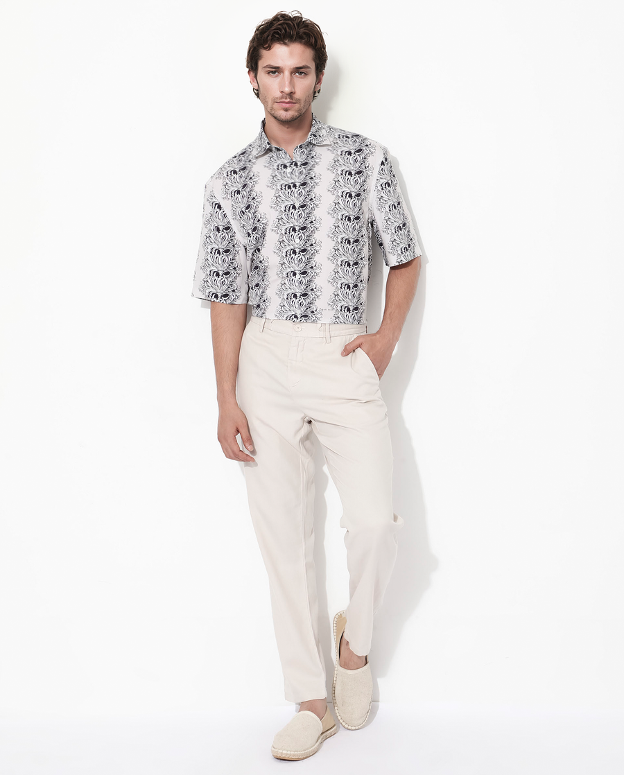 Rare Rabbit Men's Gasta Ss Off White Viscose Floral Print Boxy Fit Half Sleeve Collared Shirt