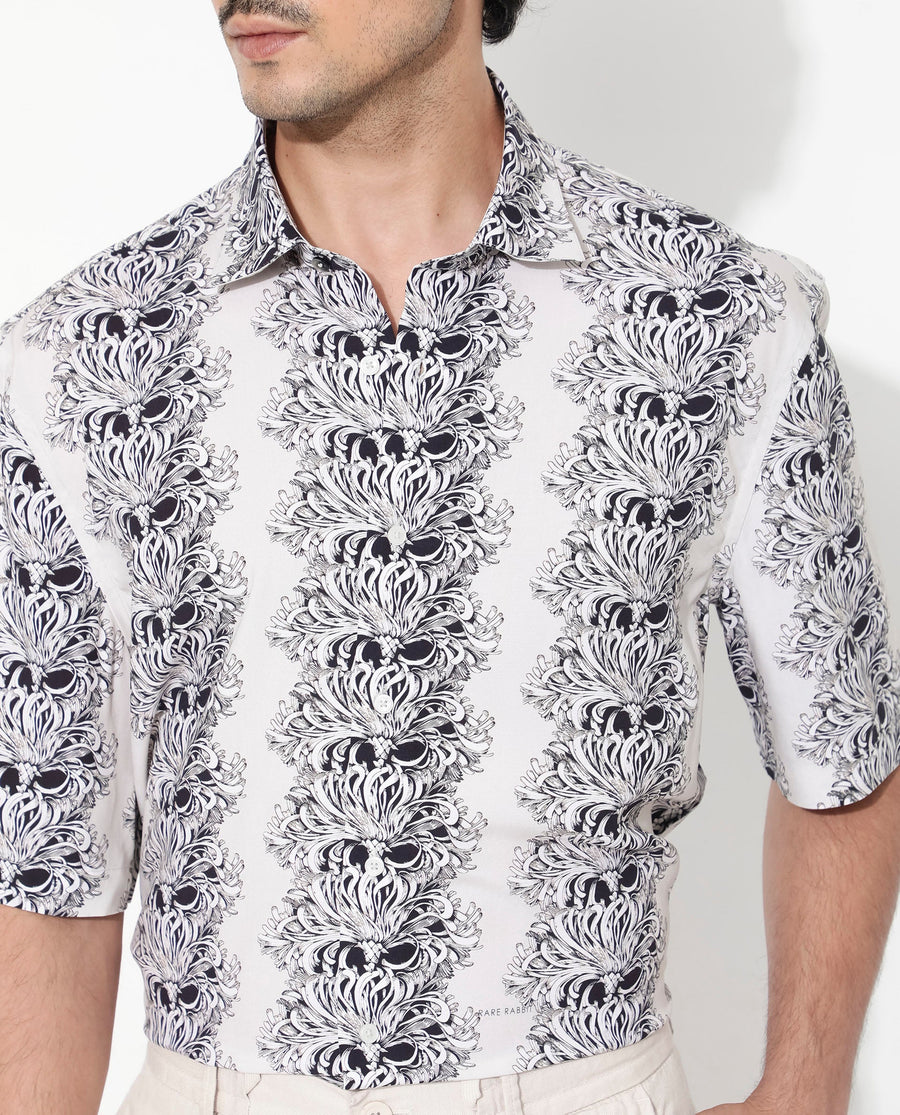 Rare Rabbit Men's Gasta Ss Off White Viscose Floral Print Boxy Fit Half Sleeve Collared Shirt