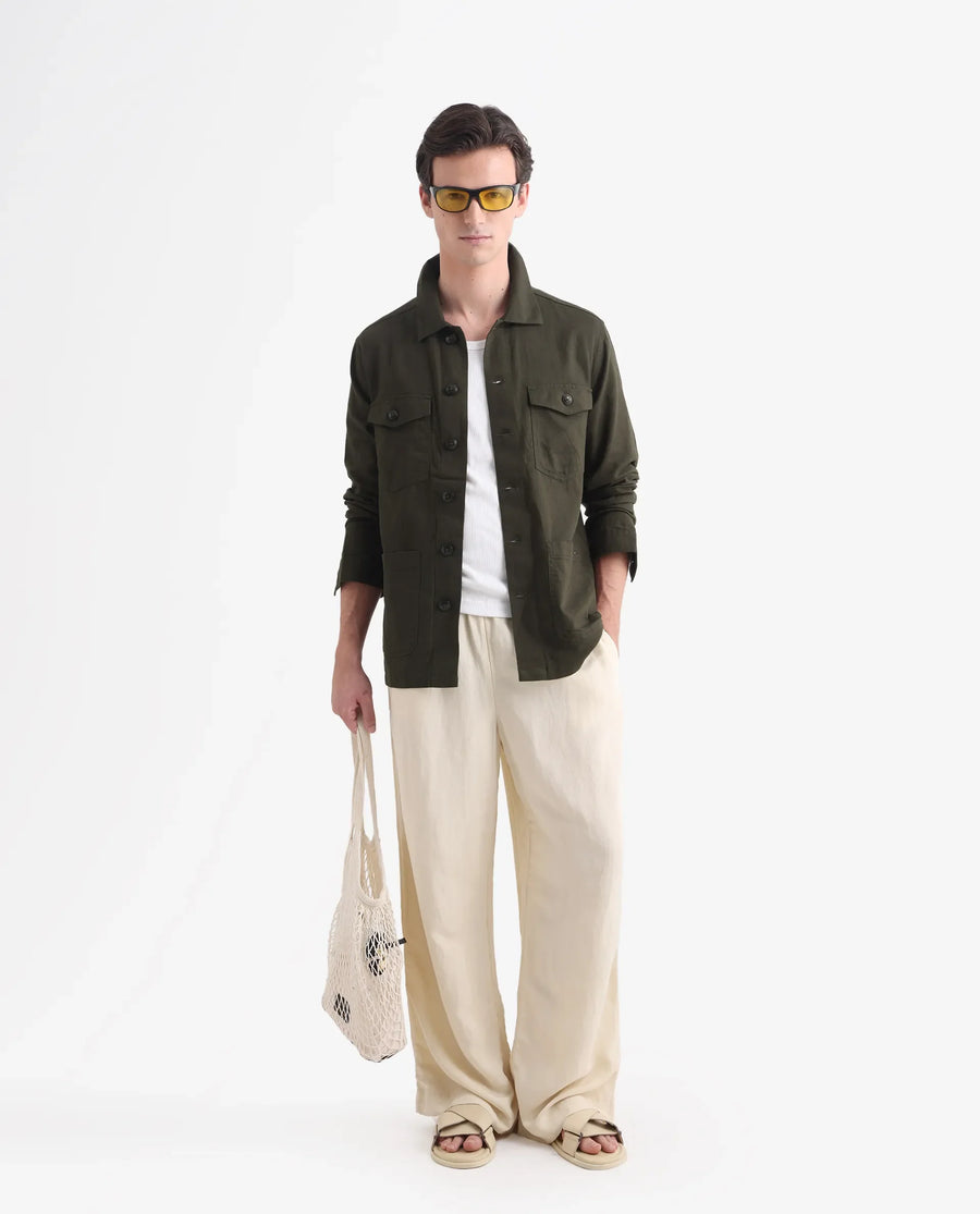 Rare Rabbit Men's Gatter Olive Linen Blend Plain Relaxed Fit Full Sleeve Spread Collar Jacket