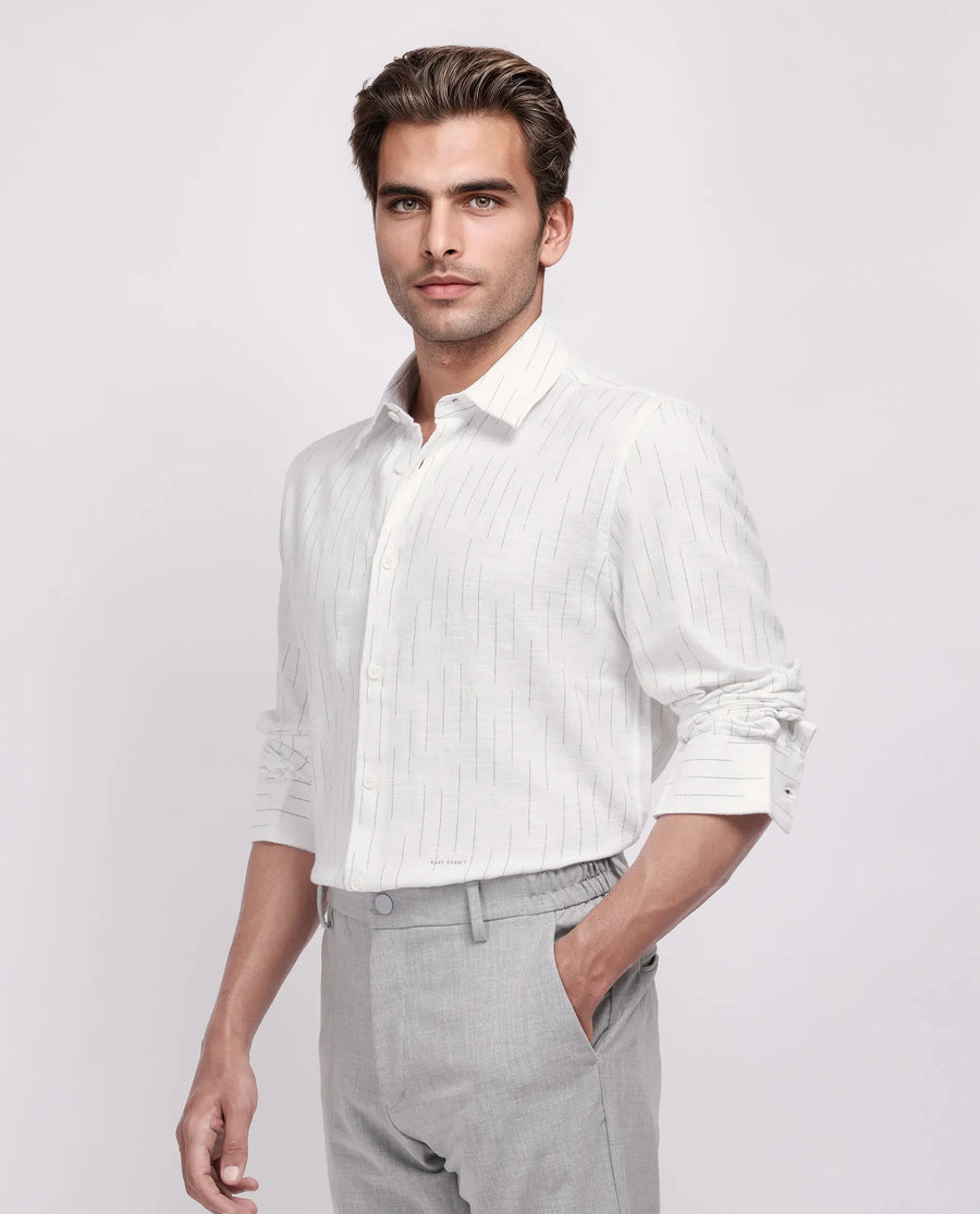 Rare Rabbit Men's Gawa White Cotton Striped Print Regular Fit Full Sleeve Collared Shirt