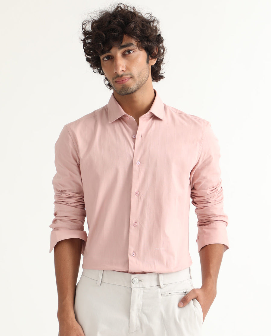 Rare Rabbit Men's Gazan Dusky Pink Cotton Striped Print Regular Fit Full Sleeve Collared Shirt