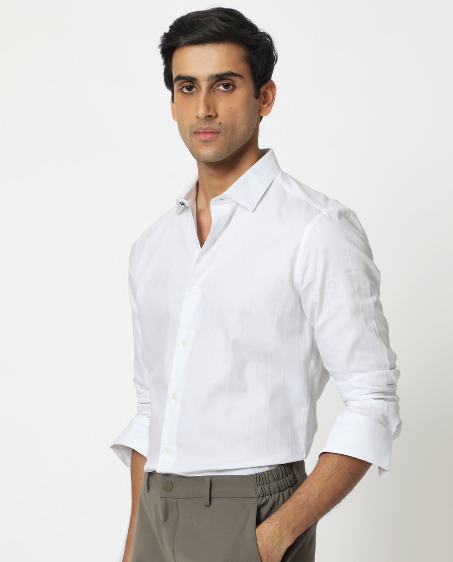 Rare Rabbit Men's Gazan White Cotton Striped Print Regular Fit Full Sleeve Collared Shirt