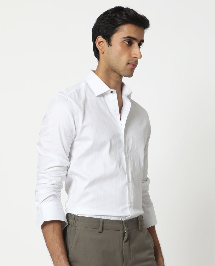 Rare Rabbit Men's Gazan White Cotton Striped Print Regular Fit Full Sleeve Collared Shirt