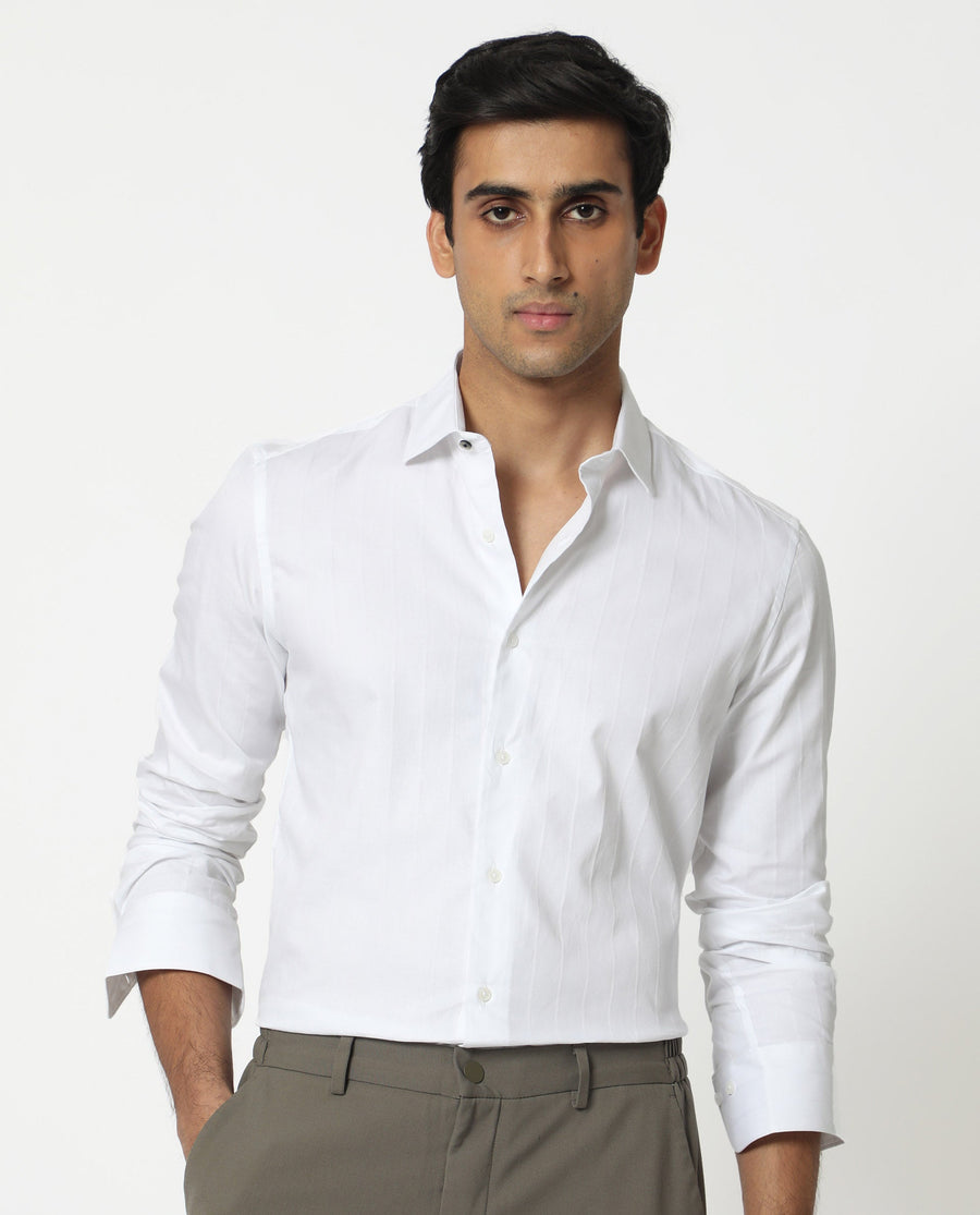 Rare Rabbit Men's Gazan White Cotton Striped Print Regular Fit Full Sleeve Collared Shirt