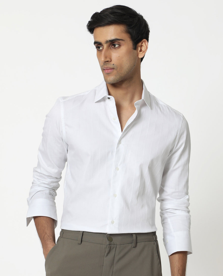 Rare Rabbit Men's Gazan White Cotton Striped Print Regular Fit Full Sleeve Collared Shirt