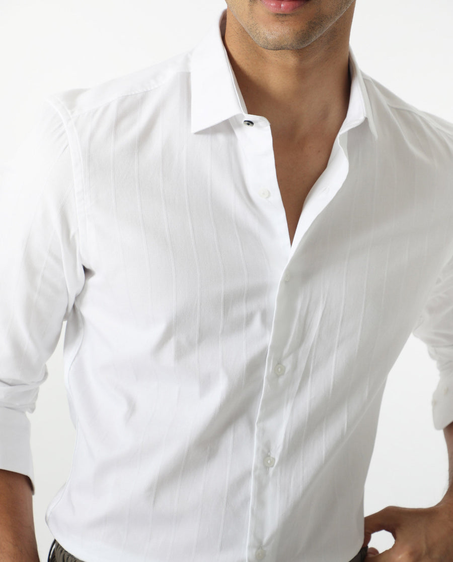 Rare Rabbit Men's Gazan White Cotton Striped Print Regular Fit Full Sleeve Collared Shirt