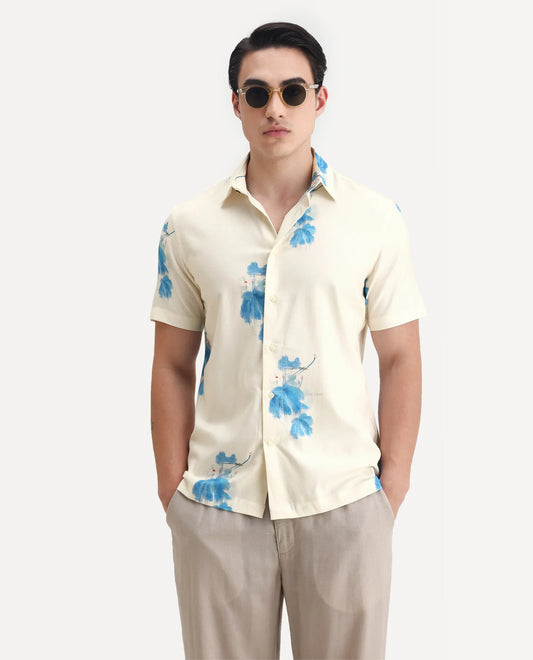 Rare Rabbit Men's Gazar Off White Viscose Blend Floral Print Regular Fit Half Sleeve Collared Shirt