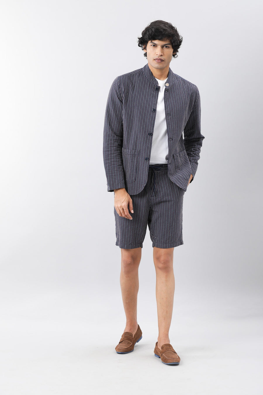 Rare Rabbit Men's Gazel Navy Viscose Striped Print Tailored Fit Full Sleeve Mandarin Collar Blazer