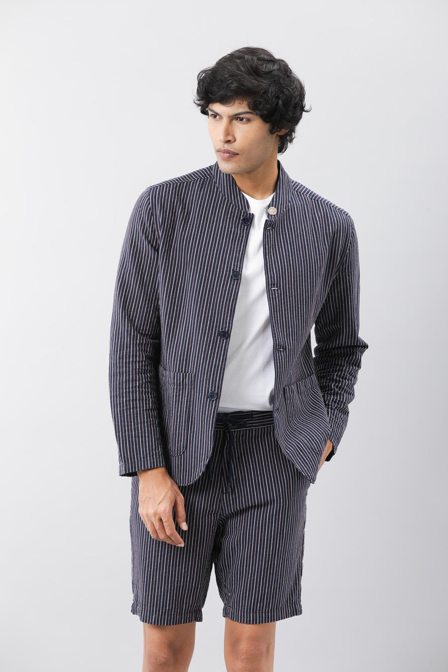 Rare Rabbit Men's Gazel Navy Viscose Striped Print Tailored Fit Full Sleeve Mandarin Collar Blazer