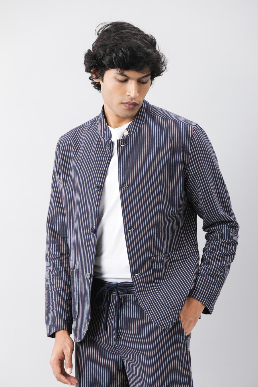 Rare Rabbit Men's Gazel Navy Viscose Striped Print Tailored Fit Full Sleeve Mandarin Collar Blazer