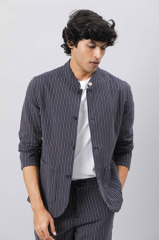 Rare Rabbit Men's Gazel Navy Viscose Striped Print Tailored Fit Full Sleeve Mandarin Collar Blazer
