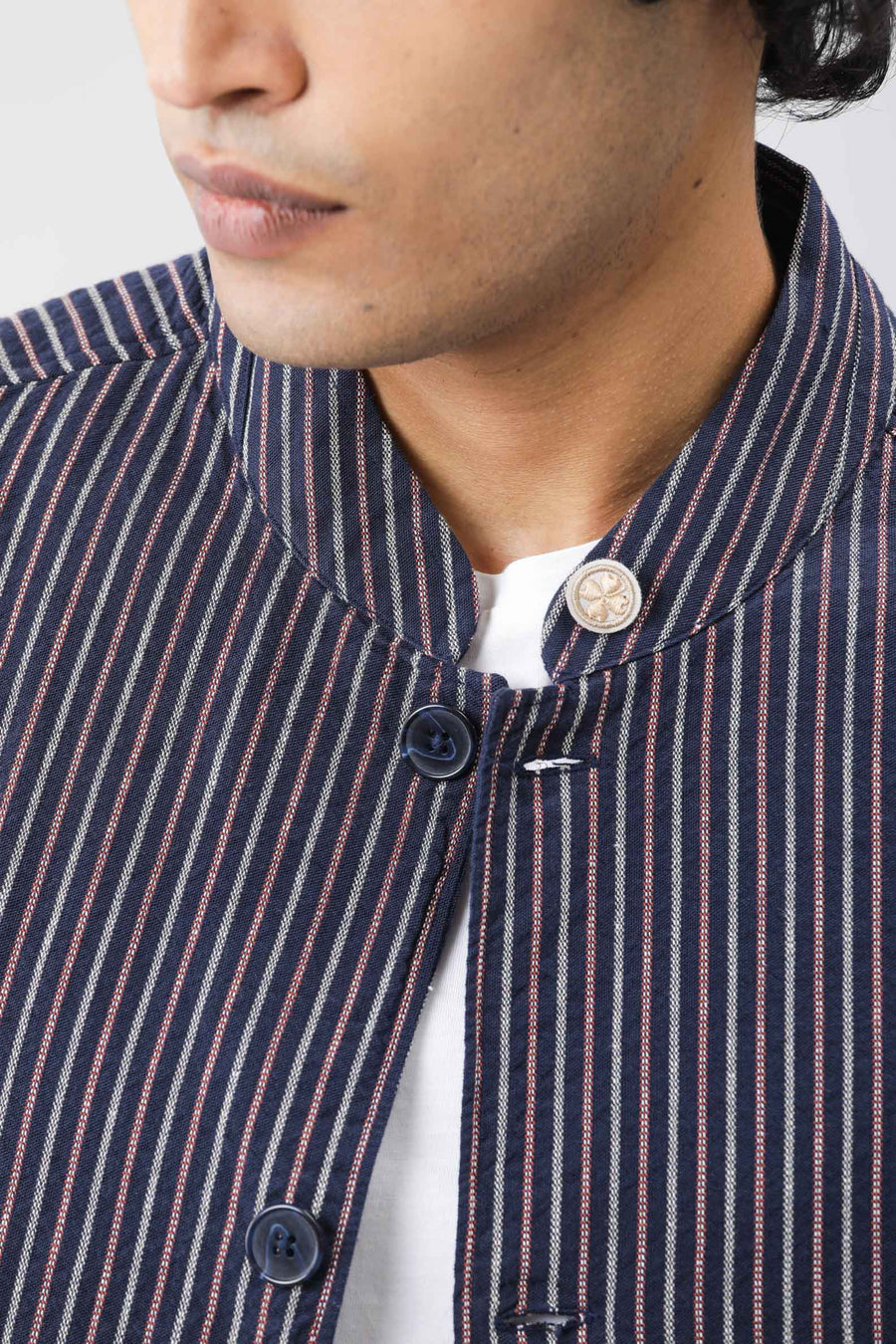 Rare Rabbit Men's Gazel Navy Viscose Striped Print Tailored Fit Full Sleeve Mandarin Collar Blazer