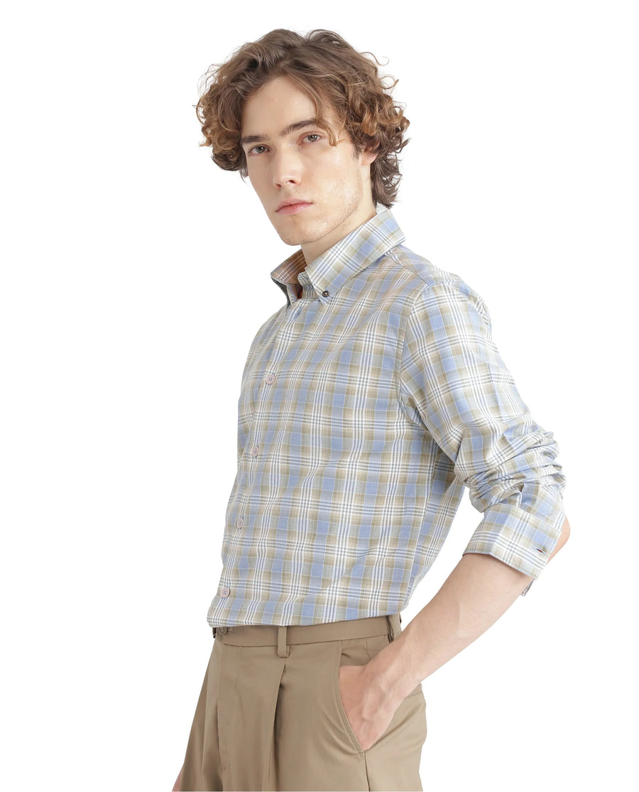 Rare Rabbit Men's Geko Pastel Green Cotton Checked Print Regular Fit Full Sleeve Collared Shirt
