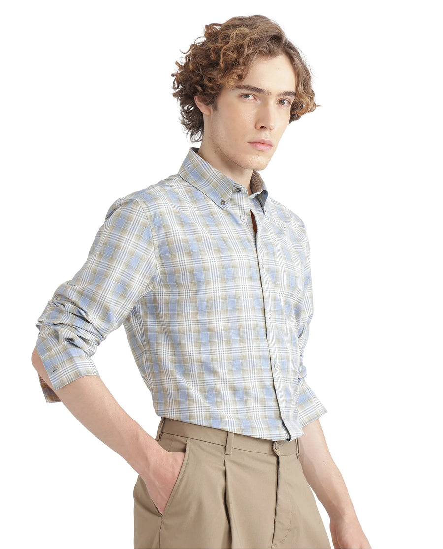 Rare Rabbit Men's Geko Pastel Green Cotton Checked Print Regular Fit Full Sleeve Collared Shirt