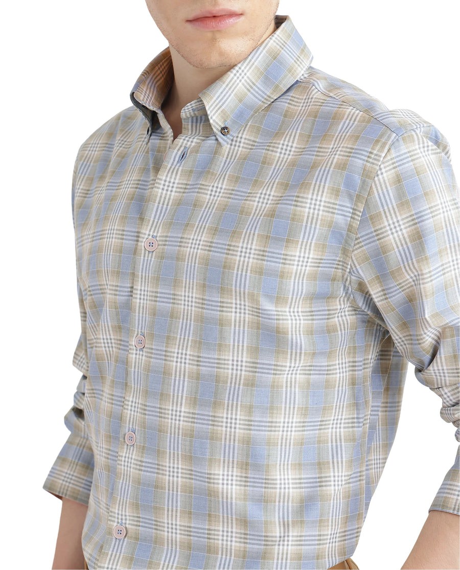 Rare Rabbit Men's Geko Pastel Green Cotton Checked Print Regular Fit Full Sleeve Collared Shirt