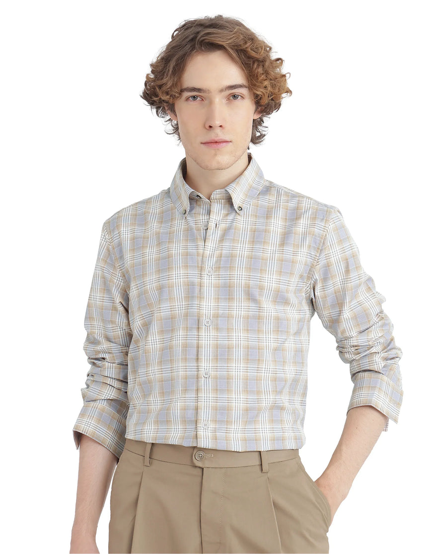 Rare Rabbit Men's Geko Pastel Mustard Cotton Checked Print Regular Fit Full Sleeve Collared Shirt