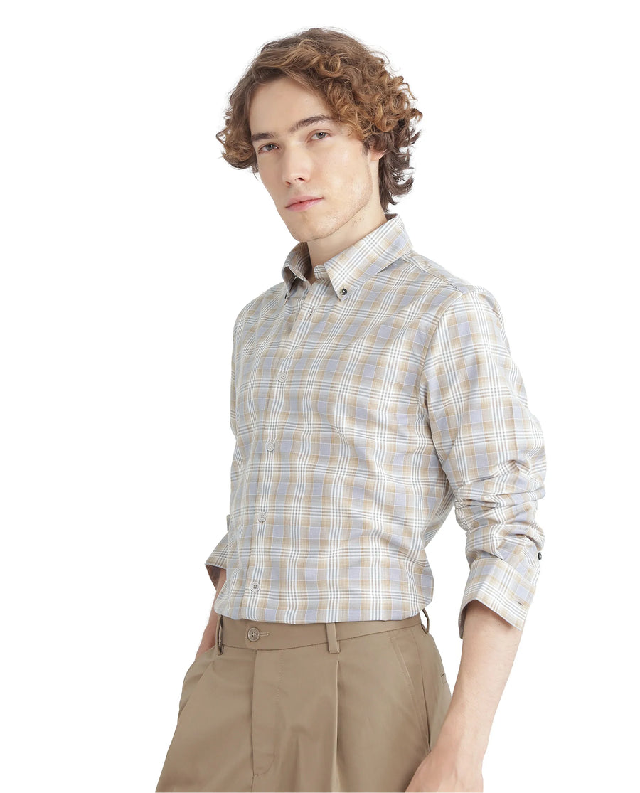Rare Rabbit Men's Geko Pastel Mustard Cotton Checked Print Regular Fit Full Sleeve Collared Shirt