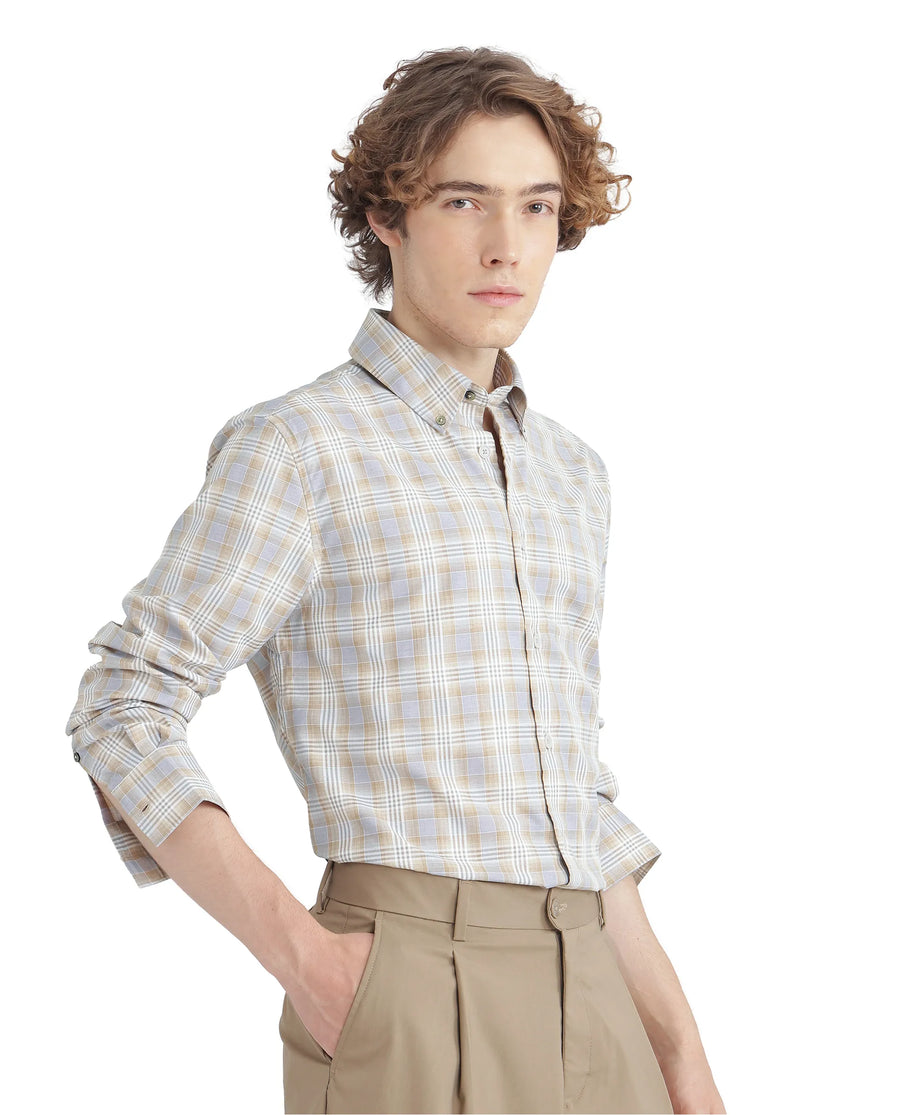 Rare Rabbit Men's Geko Pastel Mustard Cotton Checked Print Regular Fit Full Sleeve Collared Shirt
